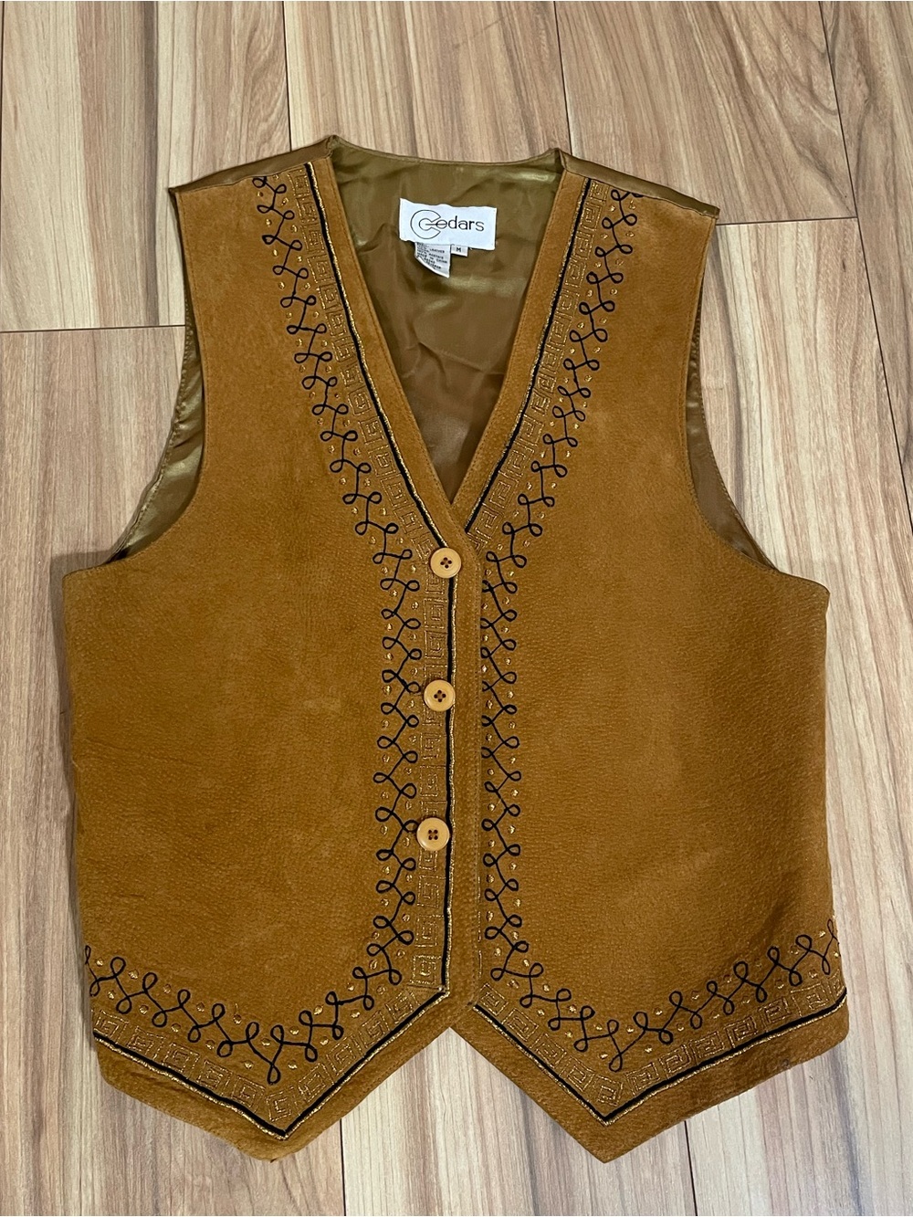 Cedar Vintage Women's Brown Tan Suede Embroidered Detail Button Front Vest